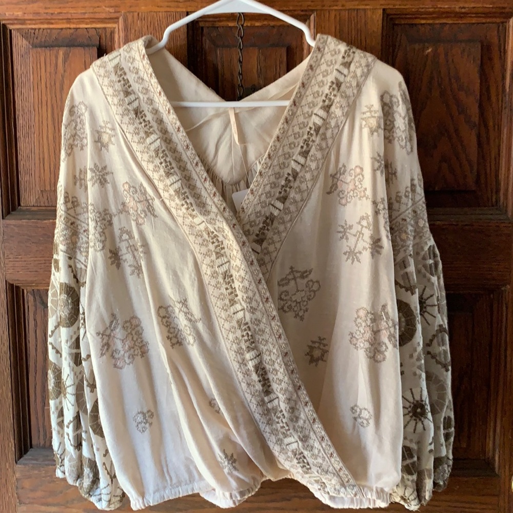 Free People Cream and Brown Embroidered Blouse